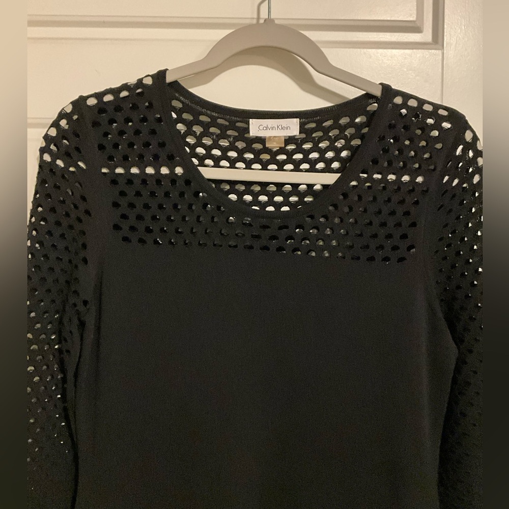 Calvin Klein Black Crochet Yoke Long-Sleeve Sheath Midi Dress